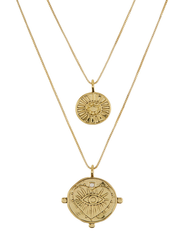 EVIL EYE DOUBLE COIN NECKLACE - GOLD