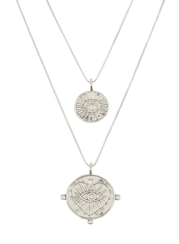 EVIL EYE DOUBLE COIN NECKLACE - SILVER